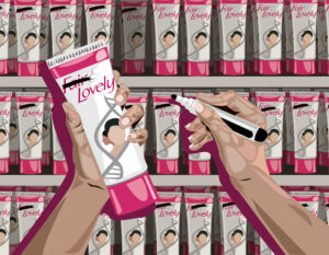 Illustration depicting shelves of “Fair & Lovely” skin lightening cream and a hand crossing out the word “Fair” with a black marker.