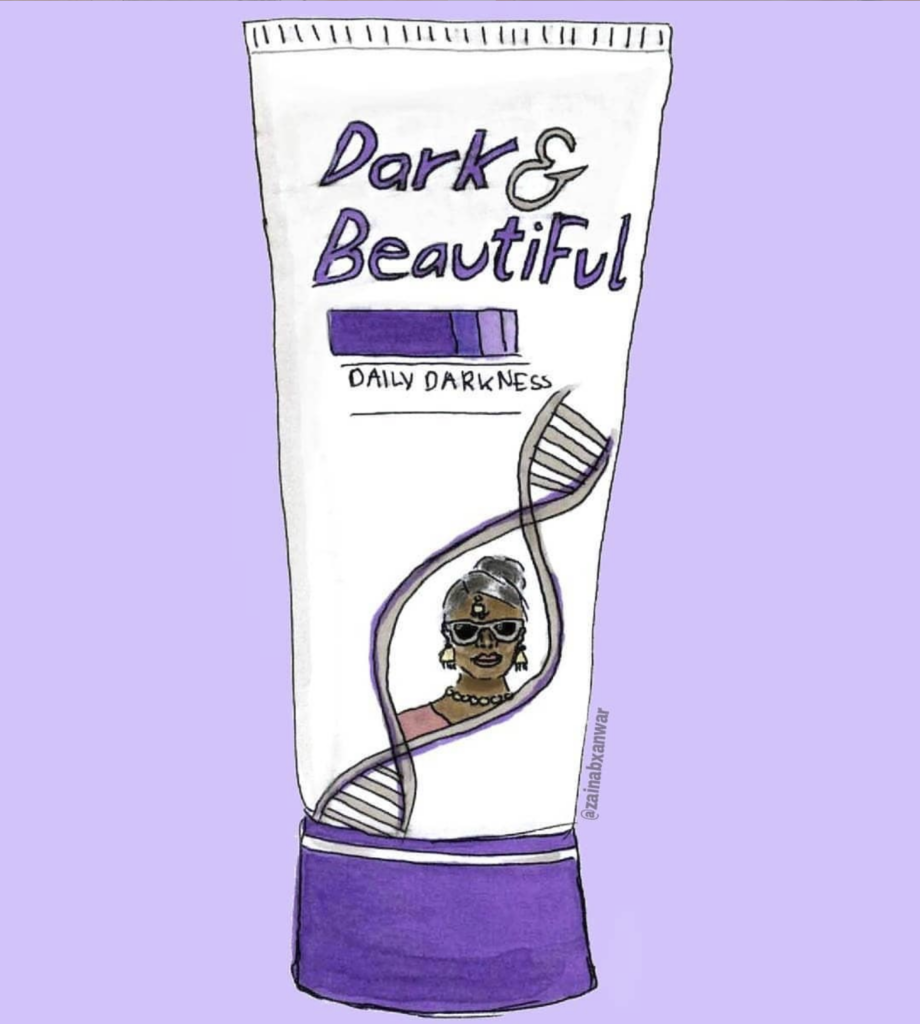 Illustration of a parody of Fair & Lovely showcasing the product's packaging in purple with the title "Dark & Beautiful".