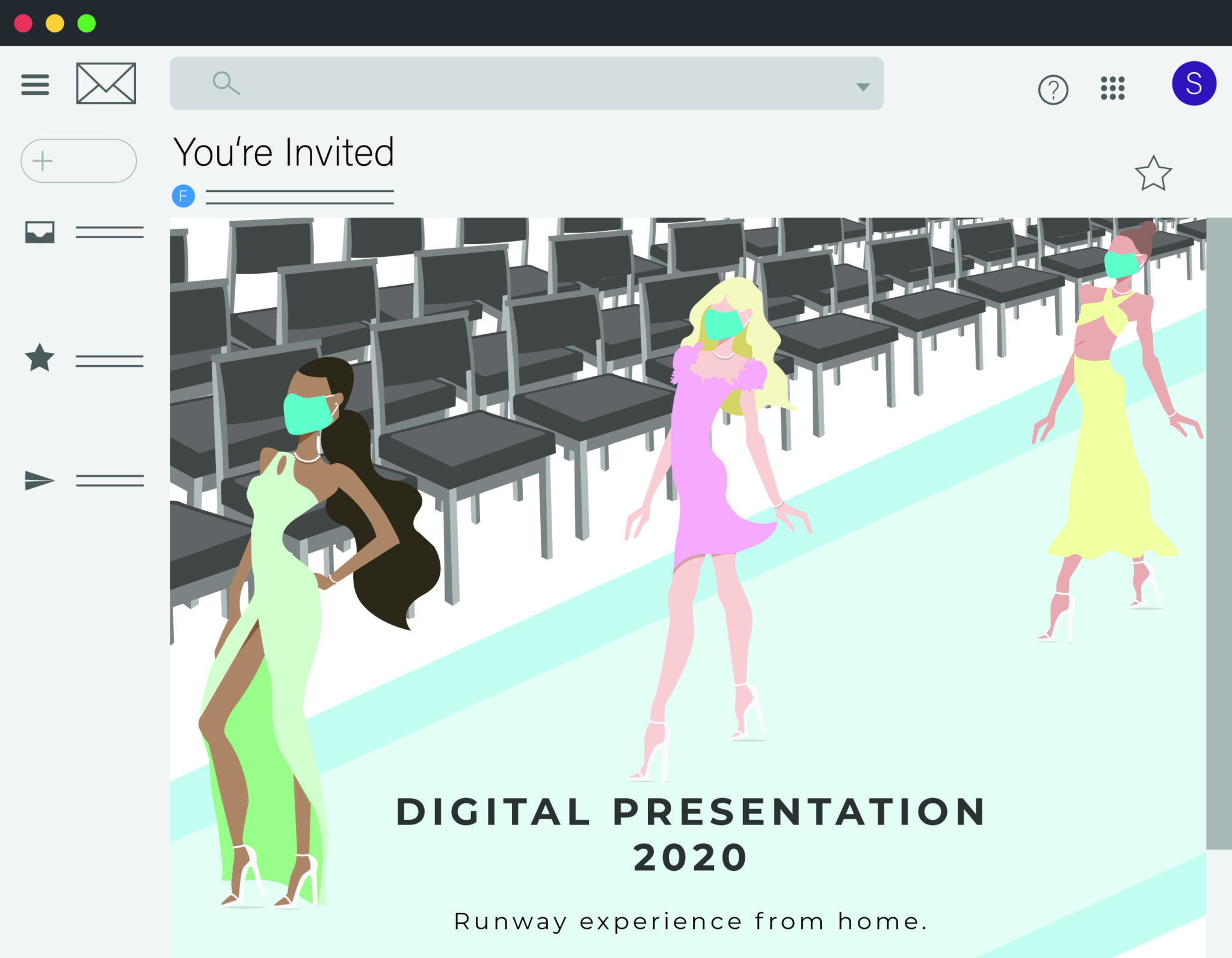 Illustration of a fashion show invite; three models on the runway wearing face masks, with text “DIGITAL PRESENTATION 2020, Runway experience from home”