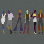 Illustration of five models wearing various shades of colour. A grayscale panel runs through the centre of the image.