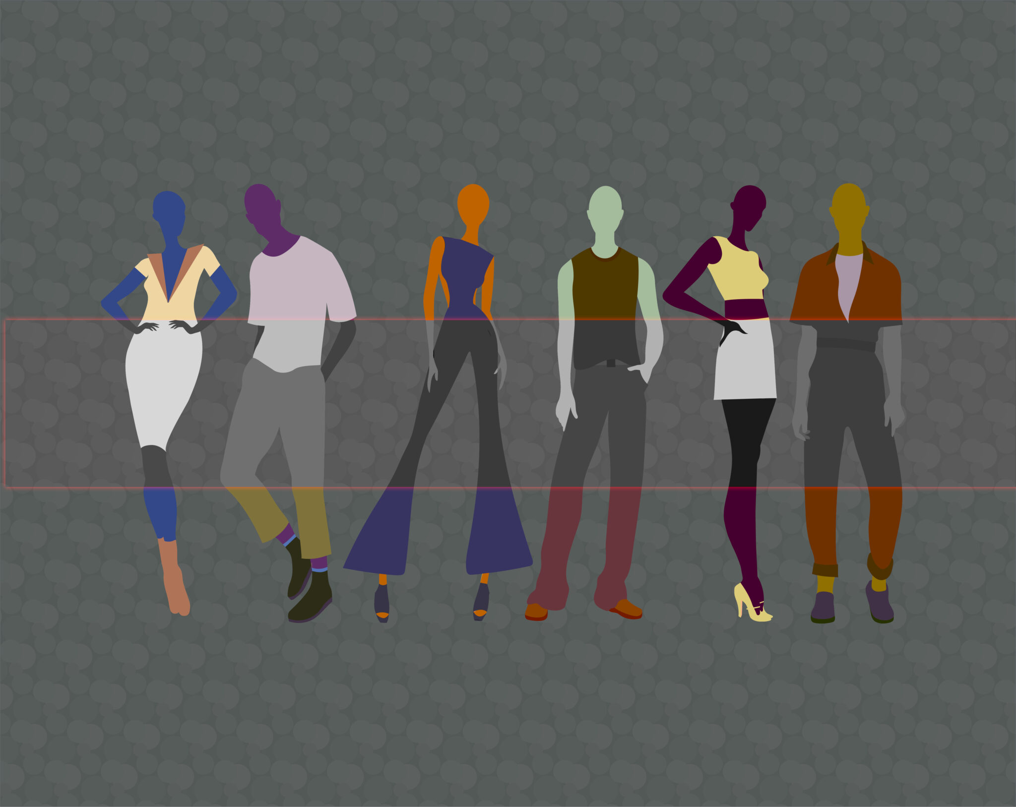 Illustration of five models wearing various shades of colour. A grayscale panel runs through the centre of the image.
