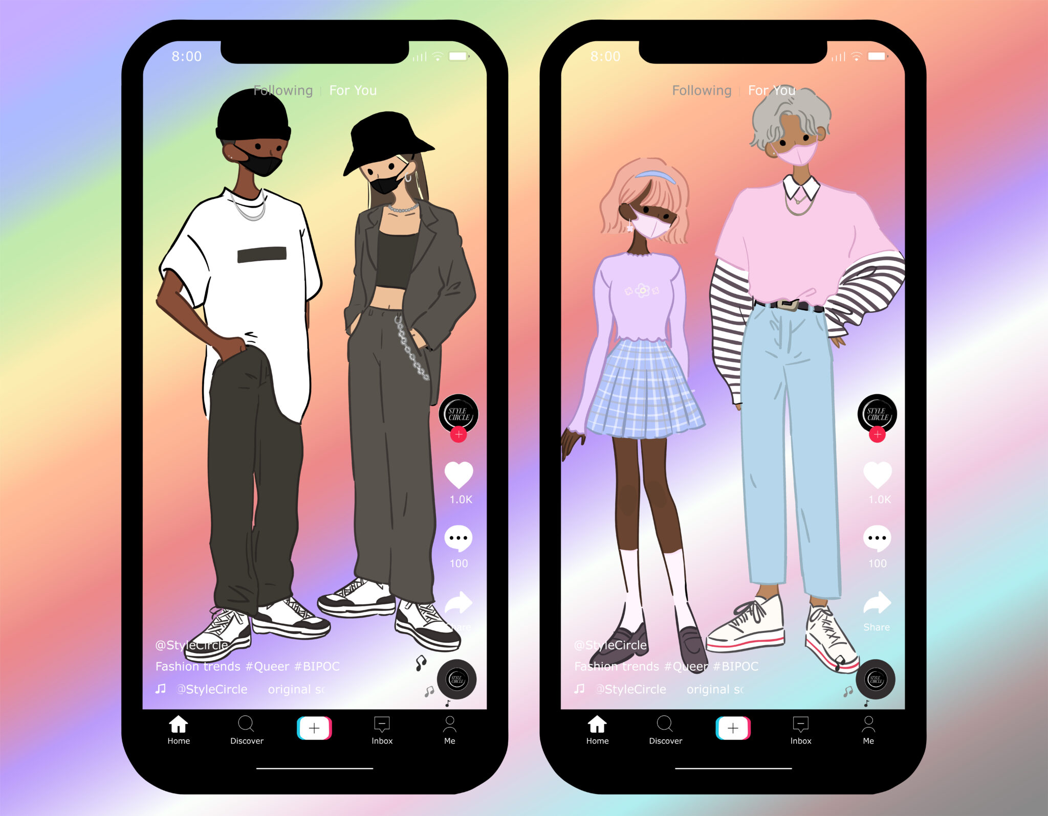 Illustration of two phones with the TikTok app on screen, each displaying a male and female standing side by side.