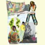 Collage featuring photographs of celebrities, runway looks and garments that represent the tie-dye trend throughout different periods of time.
