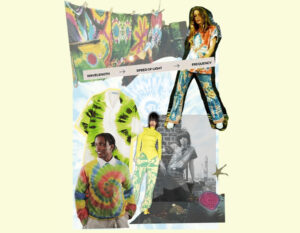 Collage featuring photographs of celebrities, runway looks and garments that represent the tie-dye trend throughout different periods of time.
