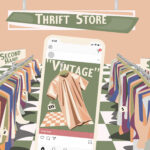Illustration of a phone featuring an Instagram post of a tee shirt labelled “Vintage” with a high price tag. The background depicts a thrift store with racks of lower price, second hand clothing.