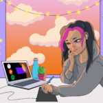 Illustration of a girl sitting at a desk with earbuds in her ears. In front of her is a laptop, showing the icons of iTunes, Soundcloud and Spotify.