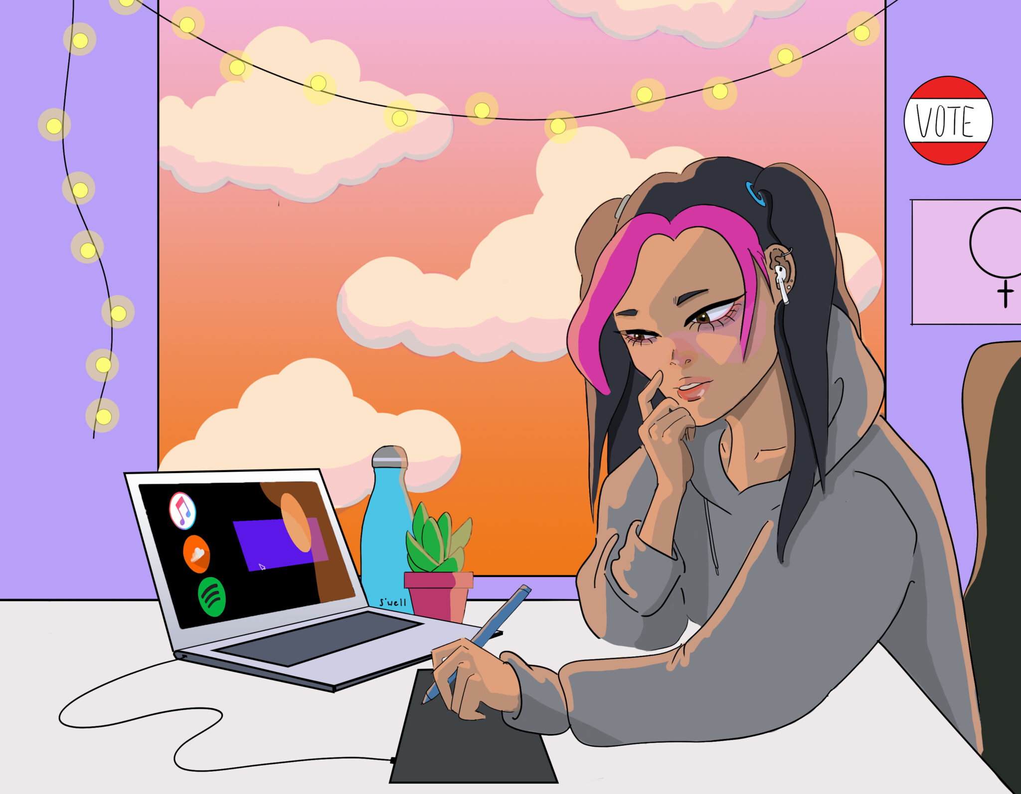 Illustration of a girl sitting at a desk with earbuds in her ears. In front of her is a laptop, showing the icons of iTunes, Soundcloud and Spotify.