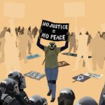 Illustration depicting protestors fleeing the scene at the presence of police. One protestor in the center, wearing protective gear, holds a sign that reads “NO JUSTICE = NO PEACE”⁠