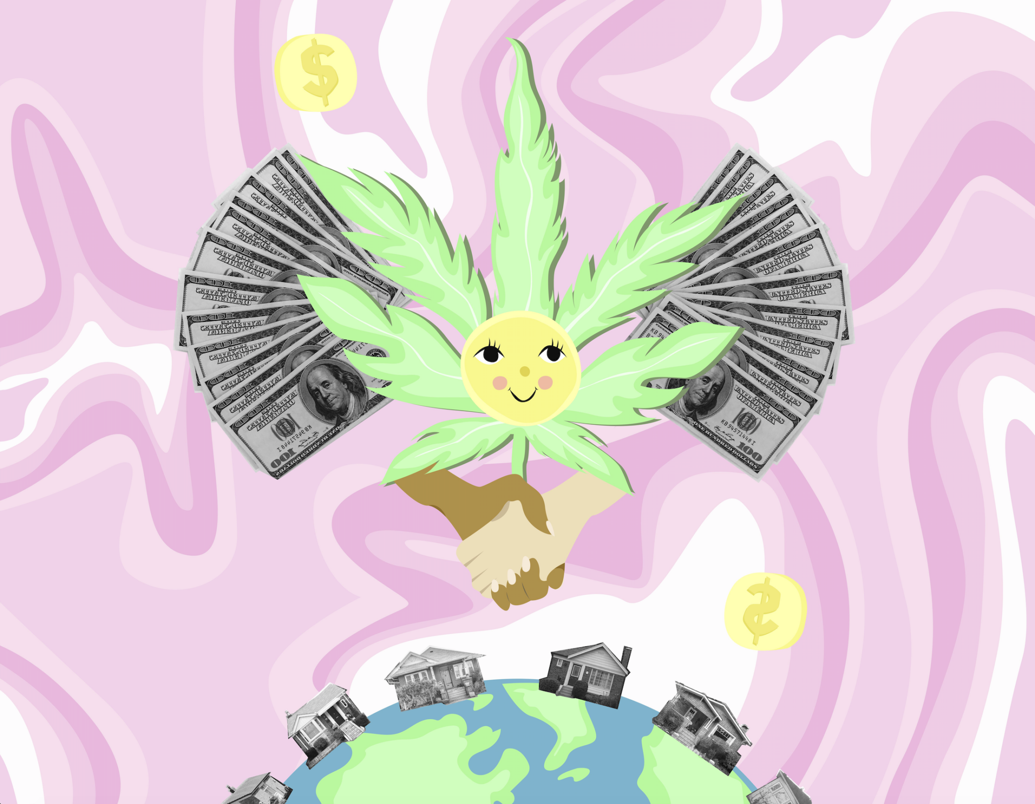 Illustration of a marijuana leaf with a smiley face in the center, surrounded by two hands shaking and photographs of $100 bills. At the bottom, photographs of houses line the Earth.