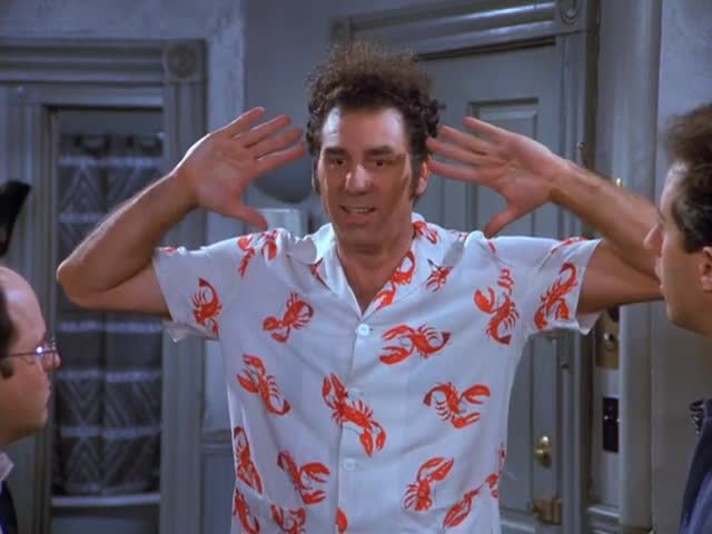 Cosmo Kramer from Seinfeld wearing a shirt with a lobster print.