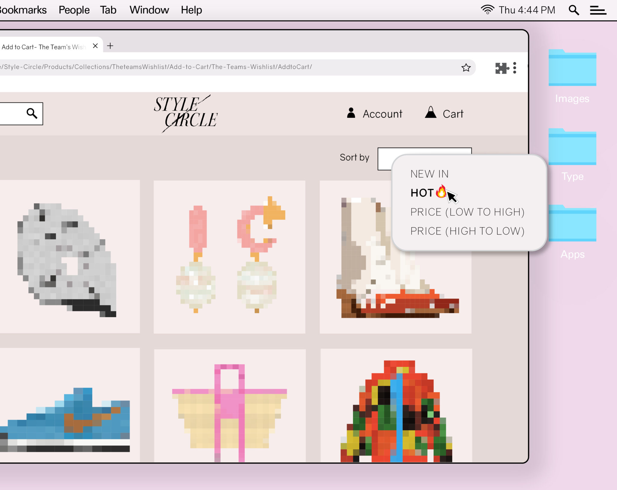 Illustration of an e-commerce website displaying various pixelated clothing and accessory items. A mouse interacts with a button that reads “HOT”.