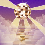 Illustration of a disco ball shining in the clouds, above a dance floor. The ball is composed of various skin tones.