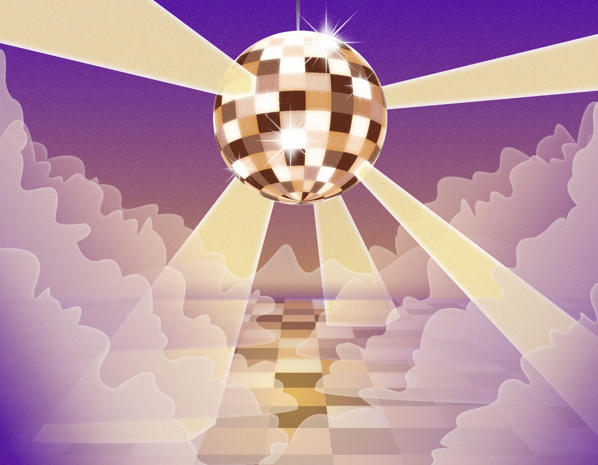 Illustration of a disco ball shining in the clouds, above a dance floor. The ball is composed of various skin tones.