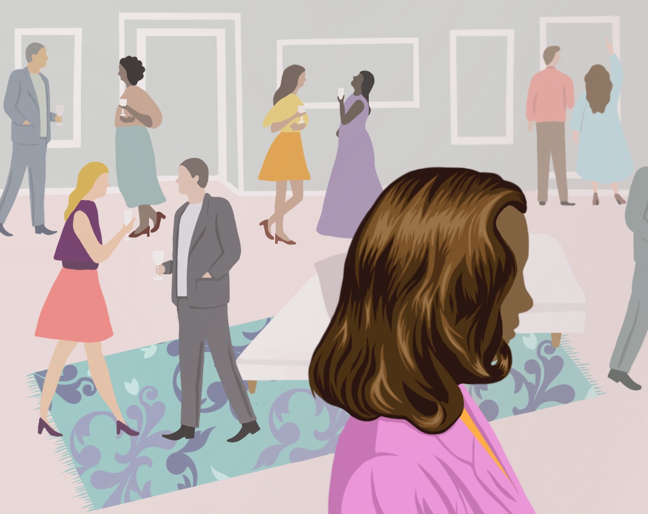 Illustration depicting a networking event where a woman stands alone in the foreground.
