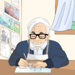 Illustration of Hayao Miyazaki painting at a desk, with character design sheets and scenery paintings on the wall behind him.