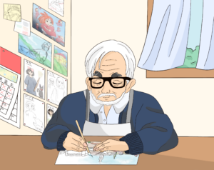 Illustration of Hayao Miyazaki painting at a desk, with character design sheets and scenery paintings on the wall behind him.