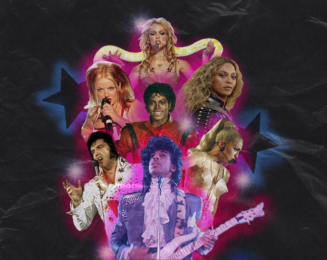 Collage of seven celebrity performance photographs. The background is black with two stars on each side.