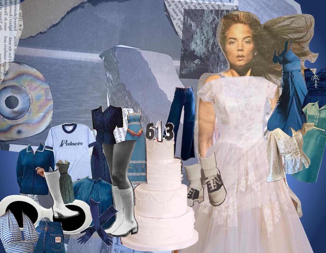 Mixed media collage featuring cutouts of print and images that represent vintage fashion. Items include a 50’s wedding dress, gogo boots and bootleg jeans.