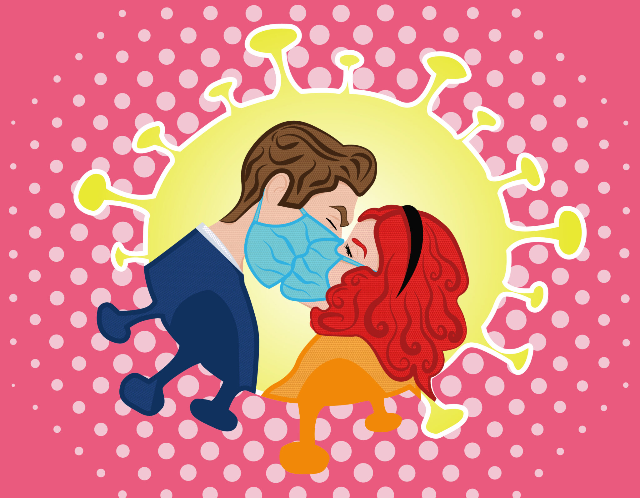 Illustration of a male and female wearing blue surgical masks while kissing.