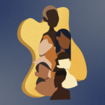 Abstract illustration of four individuals with various skin tones, overlapping each other atop a blue background.