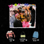 A zine-inspired collage, featuring photographs of current trends. Three articles- a mesh top, leather purse and denim skirt- are accompanied by text.