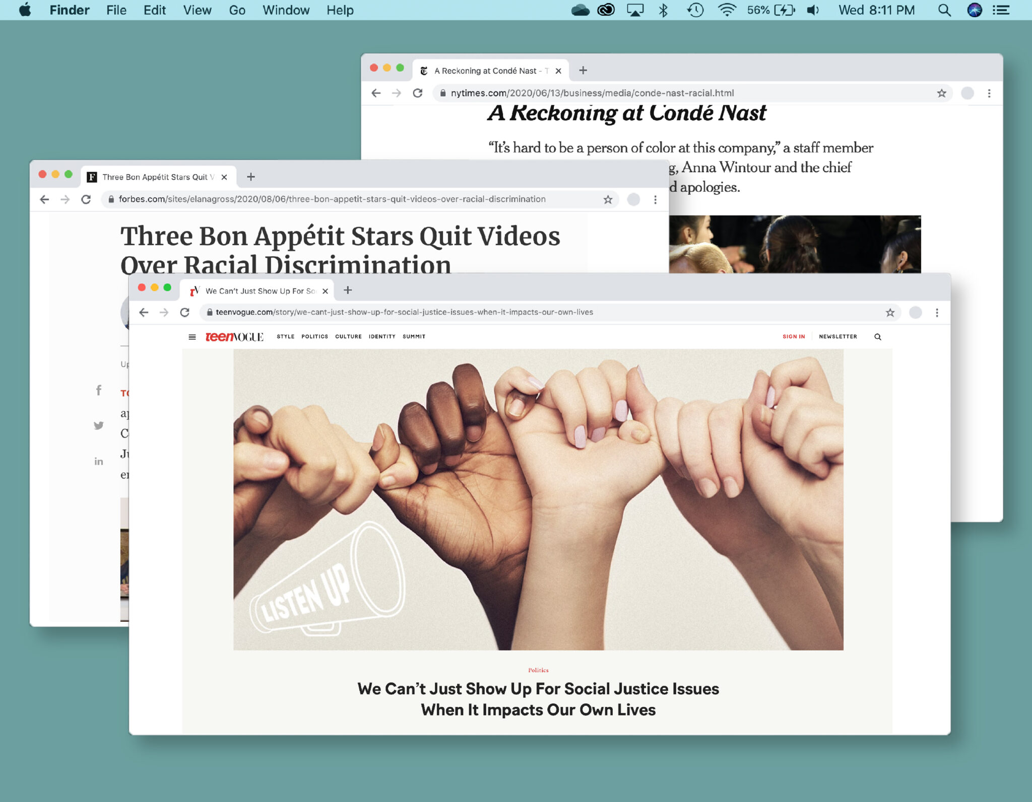 Desktop screen with a Teen Vogue article on social justice at the center, layered above two windows with less progressive content.
