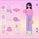 Illustration of a virtual dress-up game; a female character stands on the left dressed in trends of the early 2000s.
