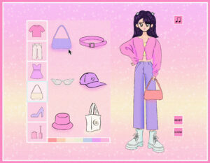 Illustration of a virtual dress-up game; a female character stands on the left dressed in trends of the early 2000s.