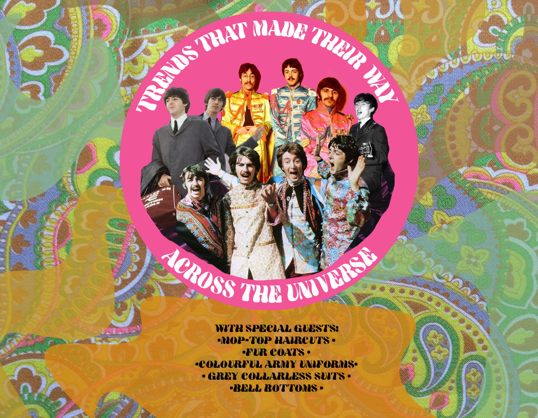 Psychedelic-themed poster with photographs of The Beatles in the centre. Text below lists trends that the band is known for.