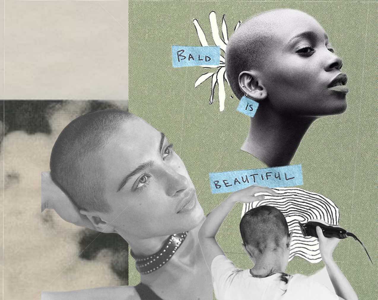 Collage with three photographs of women with shaved heads and text that reads “BALD IS BEAUTIFUL”