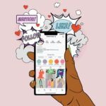 Illustration of a hand holding a phone with an independent fashion brand’s Instagram page on screen.