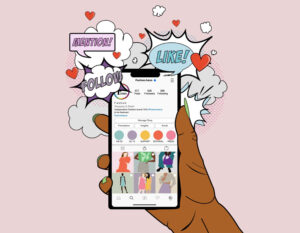 Illustration of a hand holding a phone with an independent fashion brand’s Instagram page on screen.