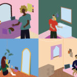 Split illustration depicting four individuals getting ready at home.