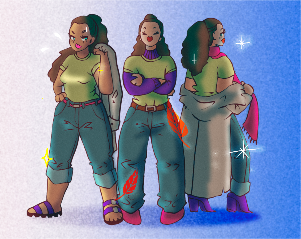 Illustration representing a capsule wardrobe, with 3 figures wearing various combinations of the same garments.
