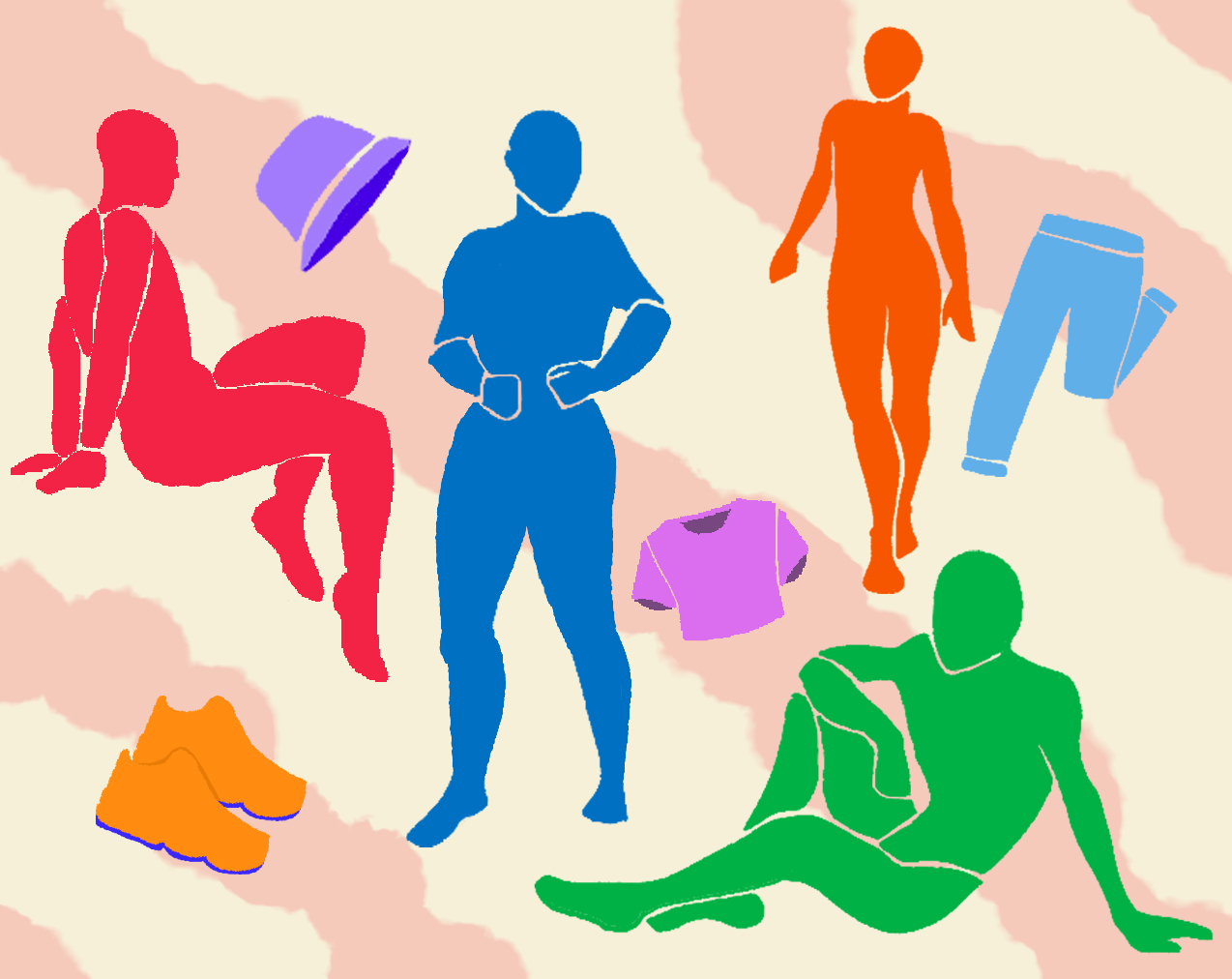 Illustration of colorful androgynous figures and articles of clothing.