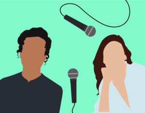 Silhouettes of two figures with microphones.