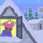 Illustration of a character sitting inside a snowy cabin, looking out the window.