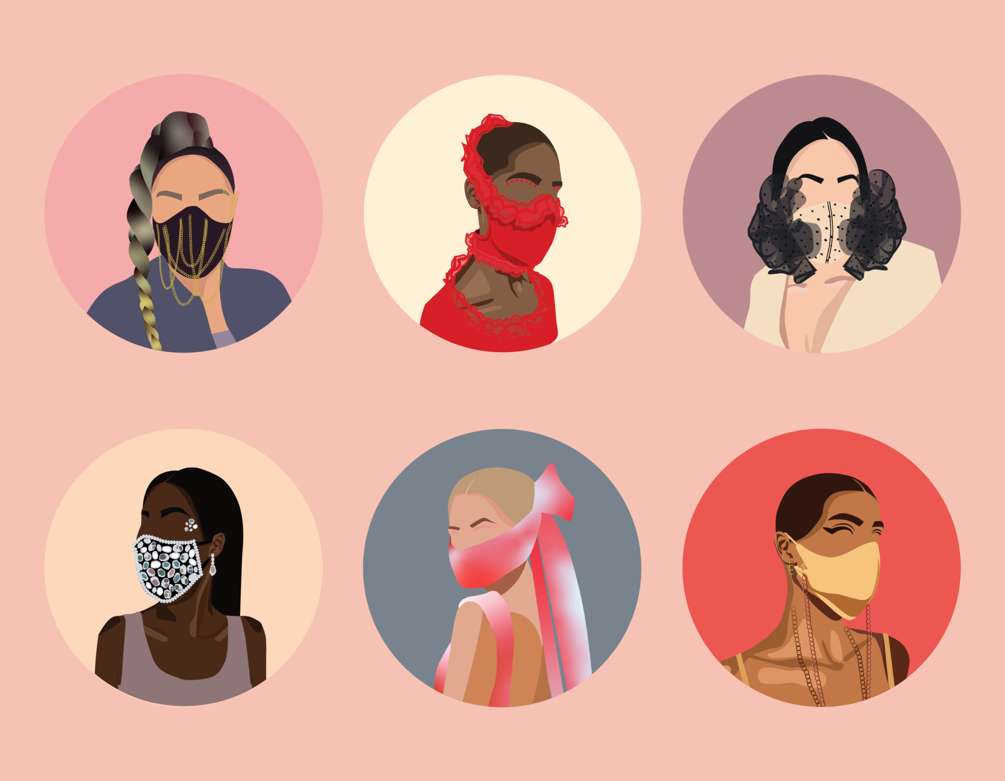 Illustration of six circles, each showing different ways to fashionably wear a face mask.