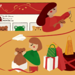 Illustration of a person sewing a teddy bear, connected to a child opening a gift box with the bear. The top left corner depicts an Etsy page.
