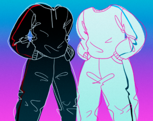Illustration of two sweatsuits, one black and one white, across a gradient background.