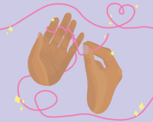 Illustration of hands finger knitting across a purple background with pink yarn forming the shape of a heart.
