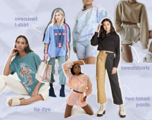 Collage featuring photographs of popular fashion trends, including oversized tees, tie dye and sweat shorts.
