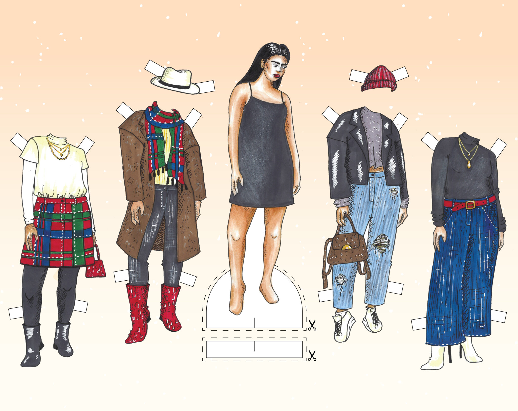 Illustration of a paper doll with fall/winter outfit choices on either side of it.
