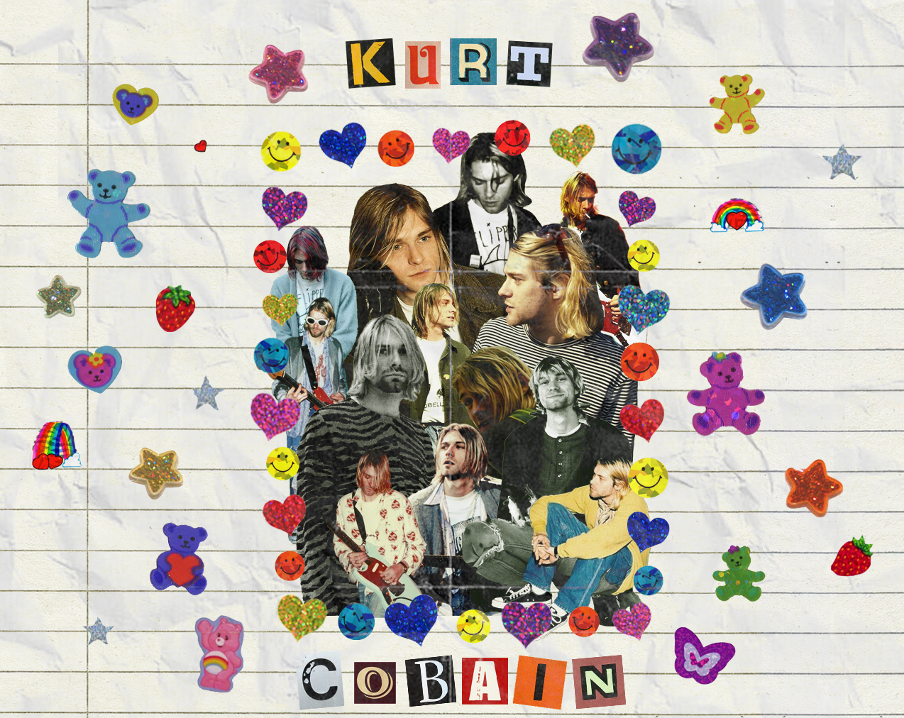 A 90’s-themed collage featuring photographs of Kurt Cobain, surrounded by colourful stickers.