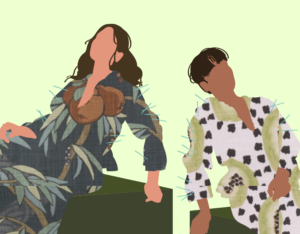 Illustration of two silhouettes wearing dresses overlaid with tropical-esque fabric swatches and stitching details.