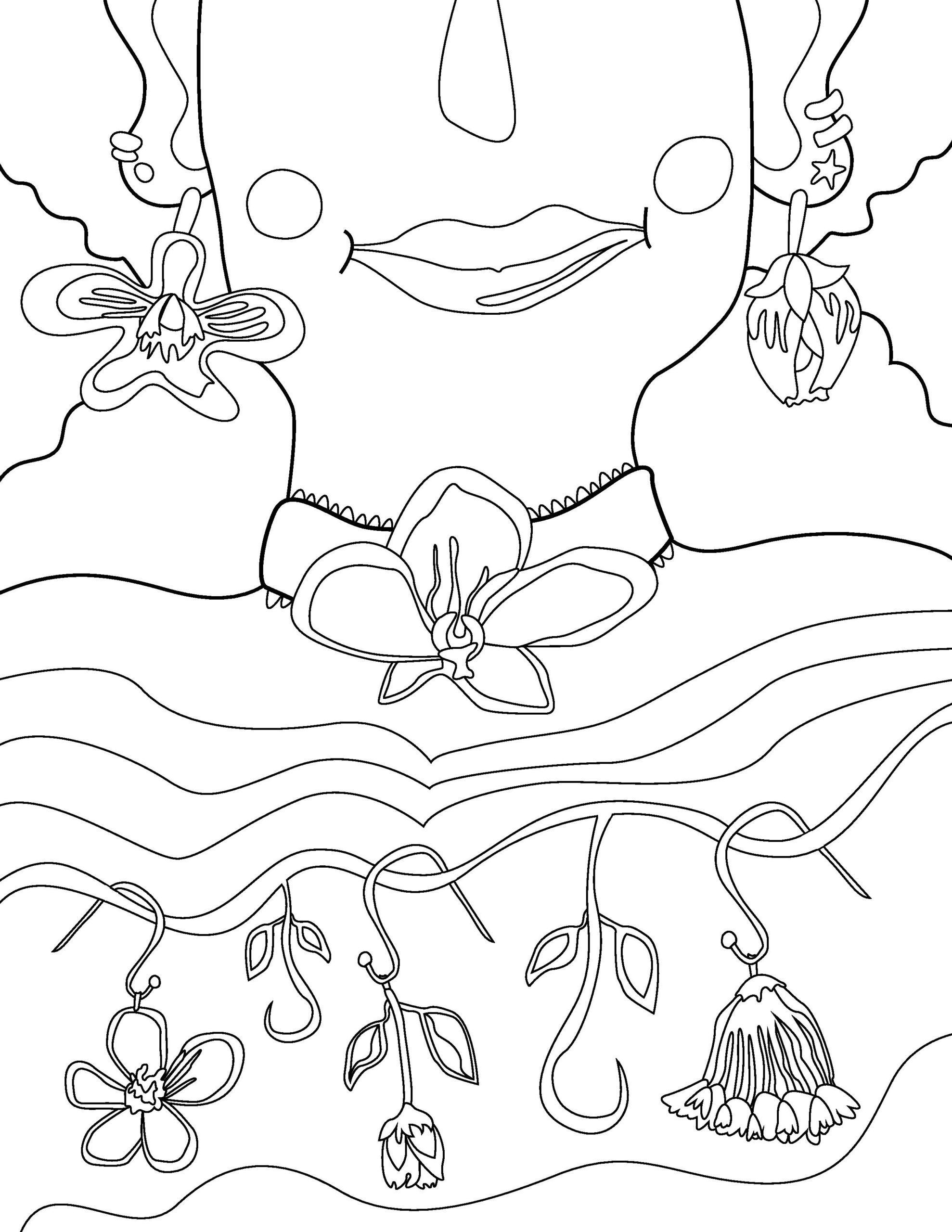 Colouring page illustration close up on a figure's upper chest, neck and lower face. The figure wears floral jewelry.