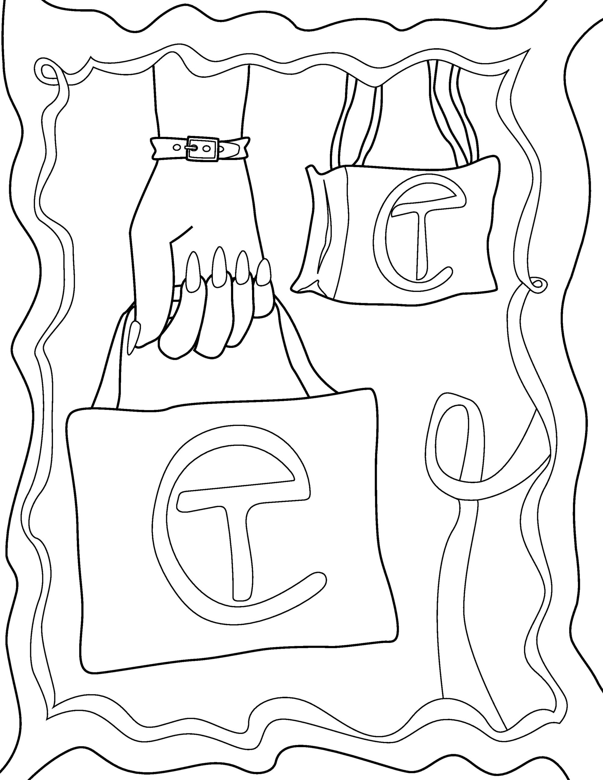 Colouring page illustration of Telfar Shopping Bag, shown twice: once held by a hand wearing a bracelet, once by itself.