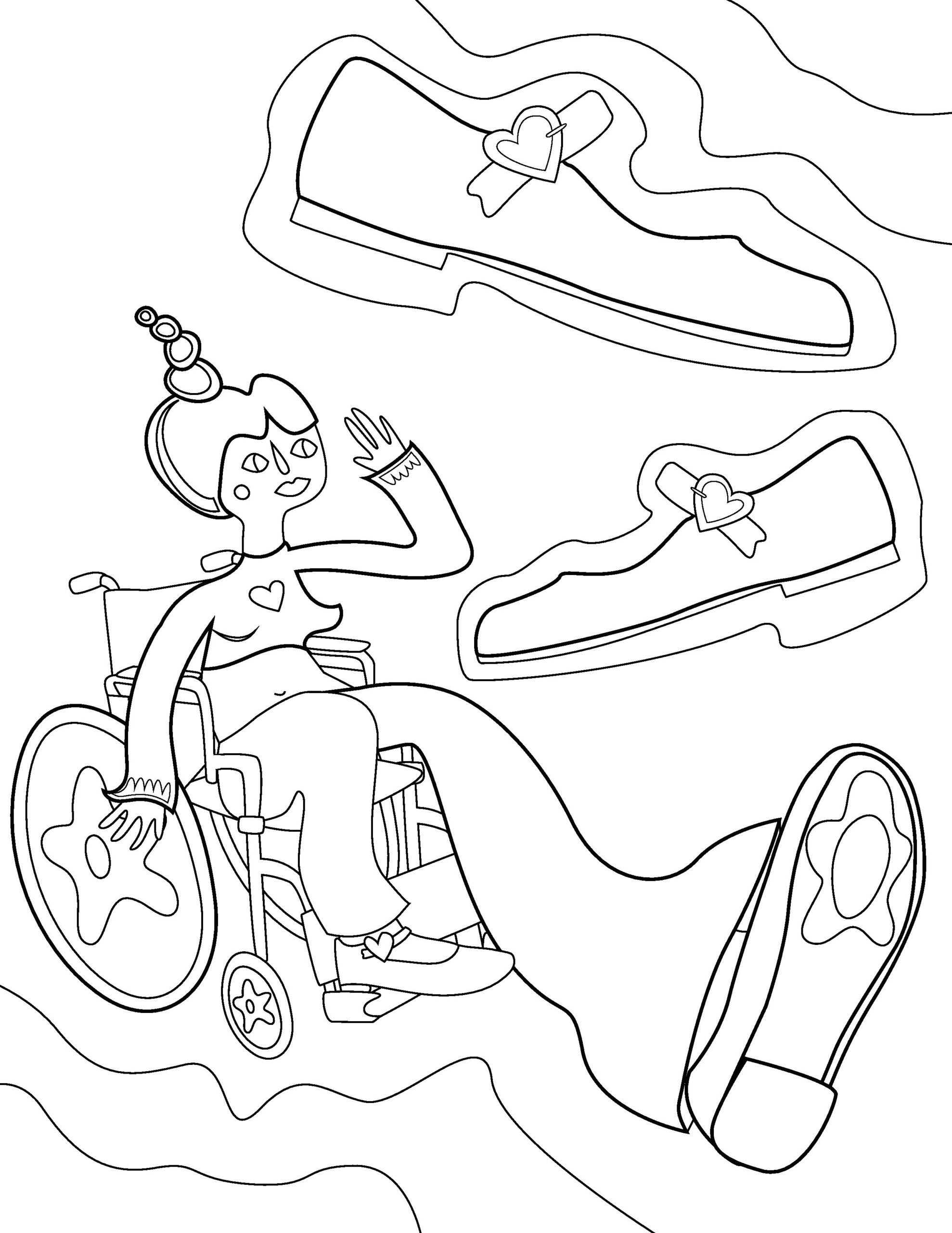 Colouring page illustration of a figure in a wheelchair with leg extended, accompanied by illustrations of shoes.