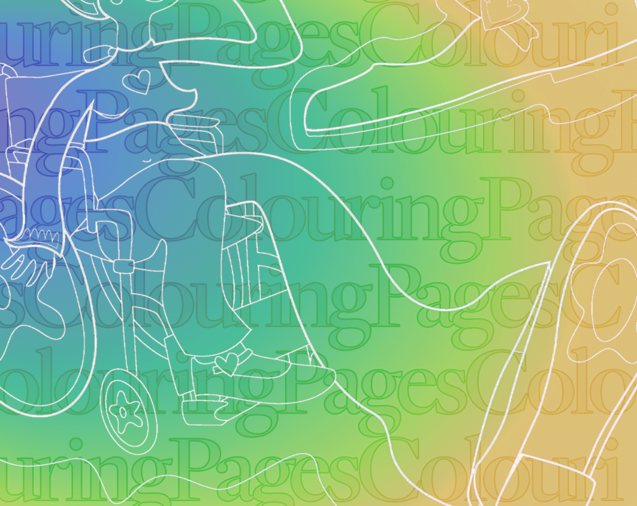 Text reading “Colouring Pages” overlaid with an expressive illustration of a figure on a colour gradient background.