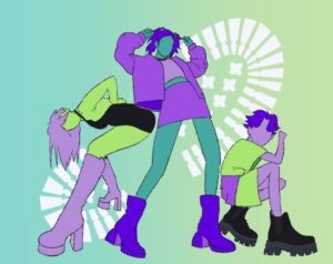 Colourful illustration of three figures modelling different boot styles.